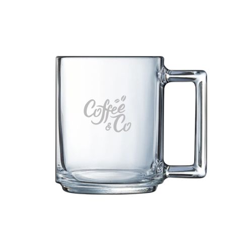 Vooraanzicht van Theeglas Karo 25 cl. van glas met subtiele CoffeeCo-logo gravure die permanent in het glas is aangebracht.