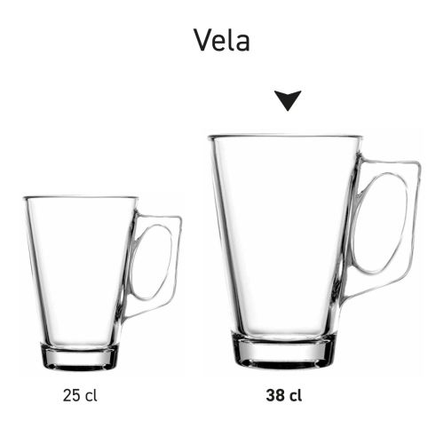 Theeglas Vela 38 cl glas in serie, meerdere transparante exemplaren met verschillende inhoudsafmetingen naast elkaar getoond