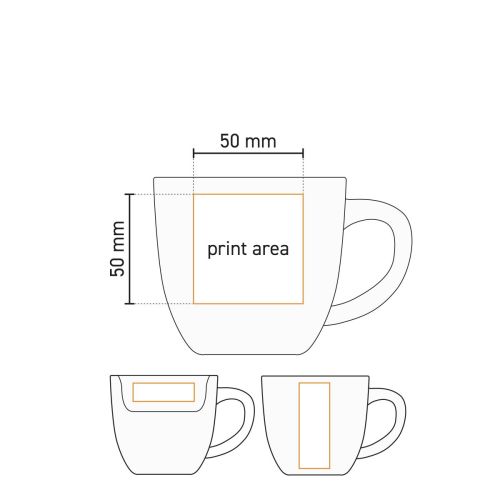 Gedetailleerde werktekening van porseleinen Uno mok 29 cl. met visuele aanduiding van drukvlak.