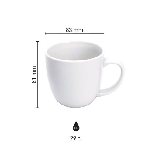Afbeelding met productafmetingen van Uno mok 29 cl porselein, inclusief diameter en hoogte in beeld.