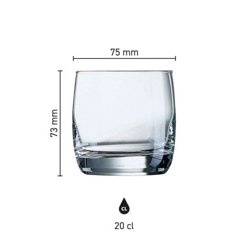 Infographic met de exacte afmetingen van het Vigne tumblerglas 20 cl. in glas weergegeven.