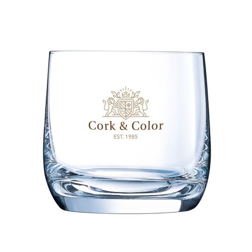 Bedrukking in meerdere kleuren van het CorkColor-logo op het vooraanzicht van de Vigne tumbler 37 cl. glas.