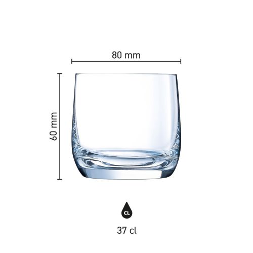 Infographic met productafmetingen van de Vigne tumbler 37 cl. in glas, met schaalverdeling en inhoud.