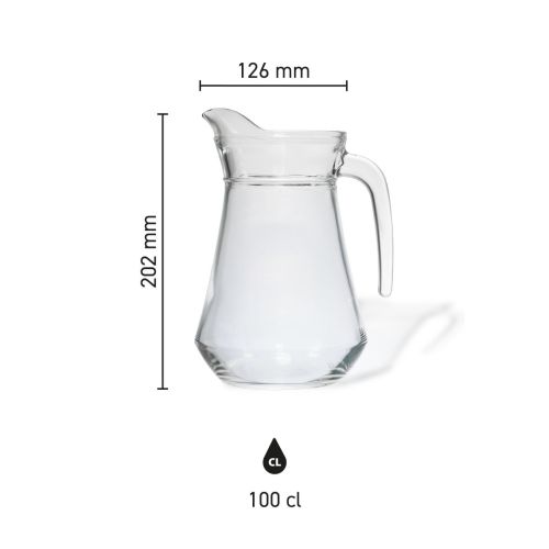 Infographic toont hoogte, diameter en inhoud van glazen waterkan Broc Arc 1,0 liter.