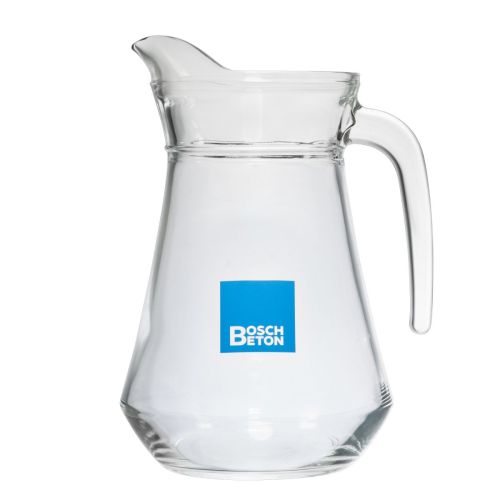 Waterkan Broc Arc 1,3 liter van glas met BoschBeton logo in meerdere kleuren op voorzijde, helder en strak bedrukt