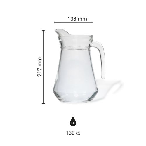 graphic toont hoogte, diameter en inhoud van glazen waterkan Broc Arc 1,3 liter.