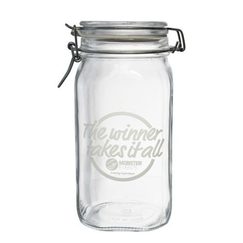 Weckpot Fido 1,5 liter vierkant glas met gegraveerd logo van Monster Events op de voorzijde