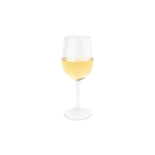 Gevuld kunststof wijnglas van 35 cl tegen witte achtergrond, geschikt voor presentatie van drankgebruik.