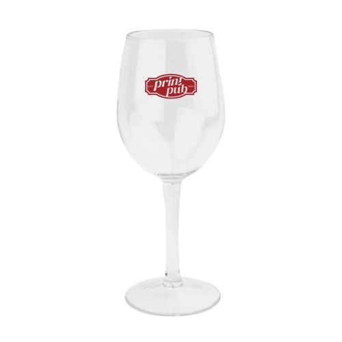 Kunststof wijnglas van 35 cl met enkelkleurig PrintPub-logo op de voorzijde, helder zichtbaar op het glas.