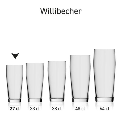 Willibecher bierglas 27 cl. glas in serie, meerdere exemplaren naast elkaar getoond
