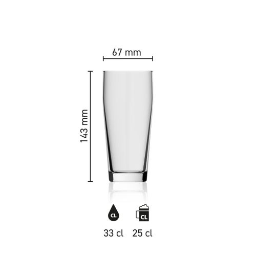 Maatvoering van de Willibecher 33 cl glas met hoogte, diameter en inhoud in infographic