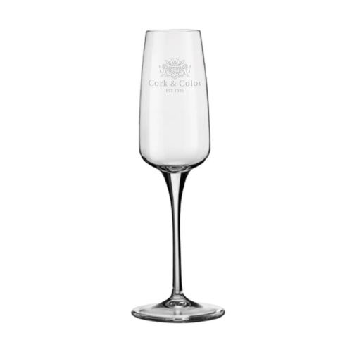 Glazen Aurum champagneflute 23 cl. met gegraveerd CorkColor-logo op de voorzijde van het glas.