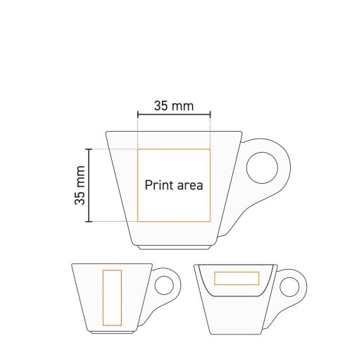 Drukgebiedtekening van Baristo Espresso Kop 8 cl., met aanduiding voor logopositie en maximale bedrukking.
