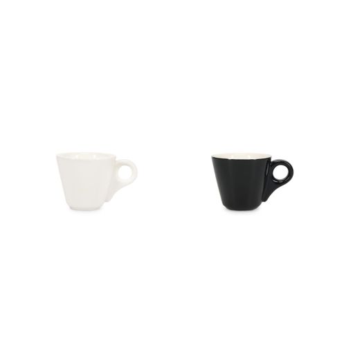Overzicht van kleurvariaties van de Baristo Espresso Kop 8 cl. porselein, zowel wit als zwart-wit.