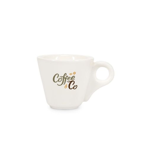 Baristo Espresso Kop 8 cl. bedrukt met meerkleurig CoffeeCo-logo op het vooraanzicht van het porselein.