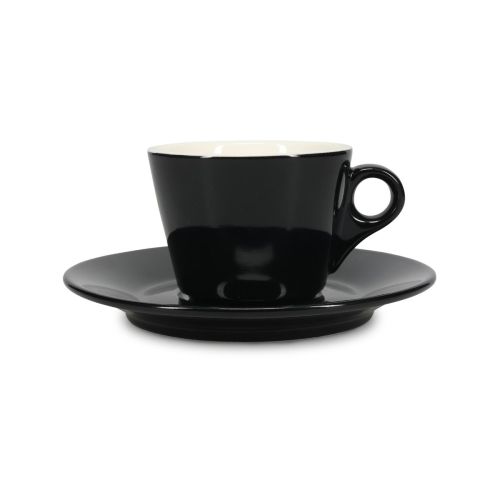 Vooraanzicht van Baristo Koffie 16 cl. SET porselein, bestaande uit kop en schotel in zwart-wit porselein.