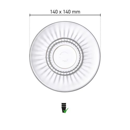 Infographic toont de afmetingen van Barshine koffieschotel 14 cm glas met diameter in beeld.