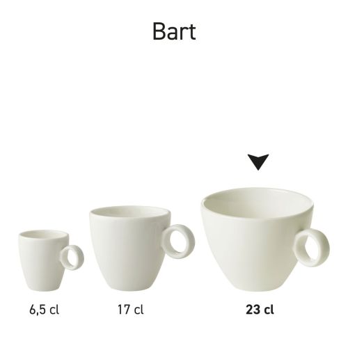 Serie Bart Cappuccino koppen van wit porselein naast elkaar als uniform productaanbod.