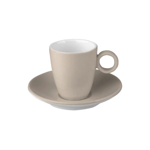 Frontaal beeld van bruin-wit Bart Espresso porseleinset 6,5 cl. met gladde afwerking.