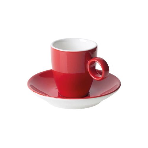 Frontaal beeld van rood-wit Bart Espresso porseleinset 6,5 cl. met gladde afwerking.