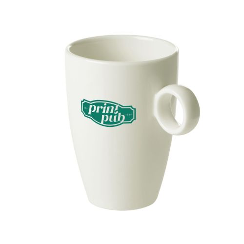 Bart mok 23 cl porselein met groen PrintPub logo op voorzijde, gedrukt in één kleur.