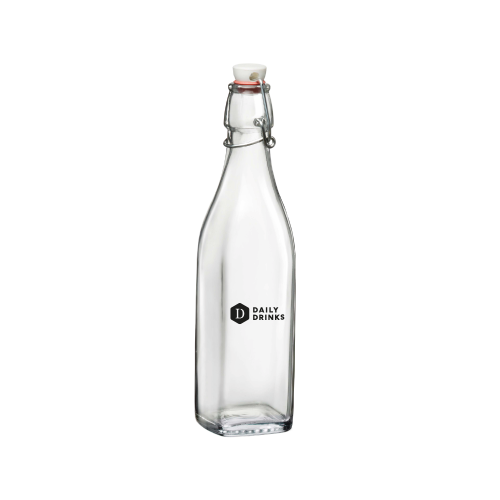 Vierkante beugelfles van 0,25 liter met zwart bedrukt DailyDrinks-logo in één kleur op de voorzijde.
