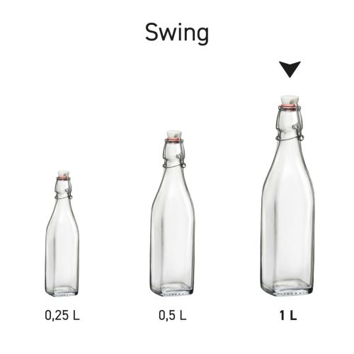 Rijtje glazen beugelflessen Swing vierkant afgebeeld als serie voor productoverzicht.