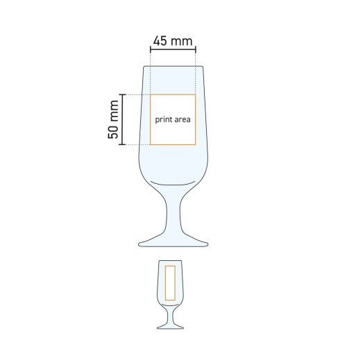 Technische werktekening met aanduiding van het drukgebied op Capri bierglas 35 cl.