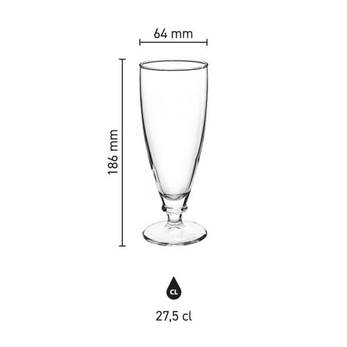 Infographic met productafmetingen van het Harmonia bierglas 27,5 cl. inclusief hoogte en diameter.