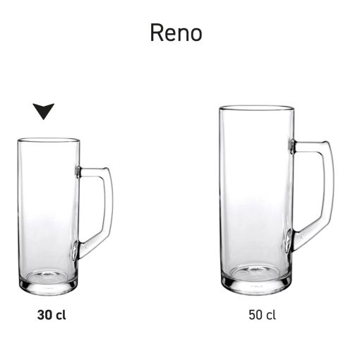 Serieoverzicht van bierpullen Reno 30 cl. en 50 cl. gepresenteerd als serie.