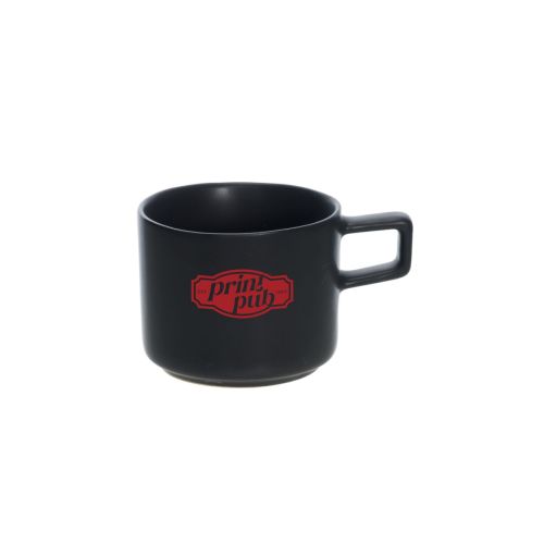 Porseleinen espresso kop 9 cl met rood PrintPub-logo in één kleur op het vooraanzicht gedrukt.