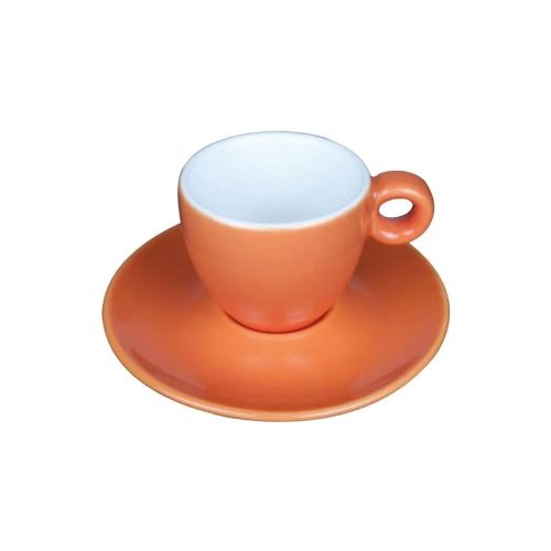 Bola Set 8 cl. in vooraanzicht, oranje-wit porselein met glad oppervlak.