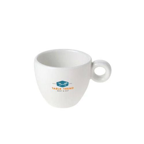 Bola espresso kop 8 cl van porselein met meerkleurig Tabletrend-logo prominent op het vooraanzicht.