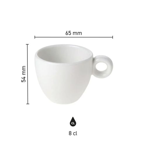 Infographic toont gedetailleerde afmetingen van de Bola espresso kop 8 cl porselein inclusief hoogte en diameter.