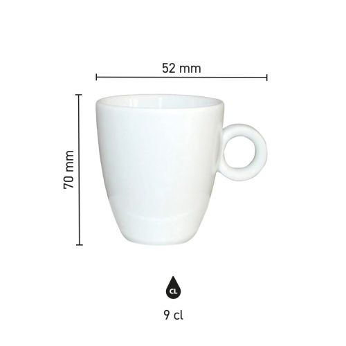 Gedetailleerd overzicht met afmetingen van Bola Espresso kop hoog wit 9 cl. in infographic vorm.