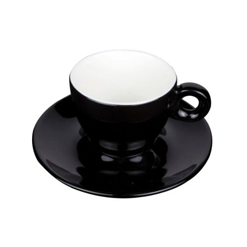 Vooraanzicht van Bola koffie 15 cl. set in zwart-wit porselein, met bolle vorm en glad oppervlak.
