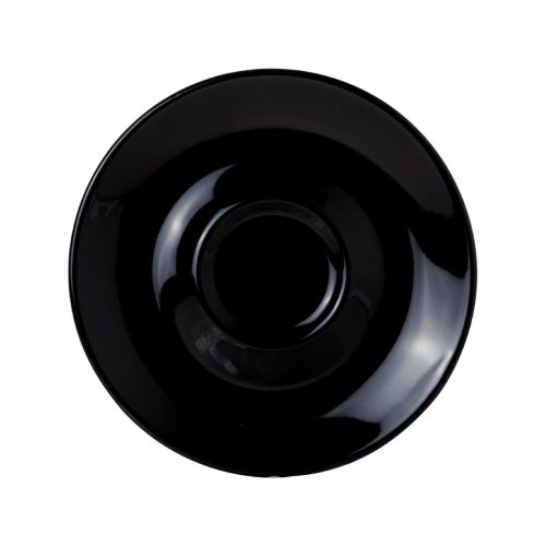 Frontale weergave van Bola Koffie Cappuccino Schotel van 14,5 cm in glad zwart porselein.
