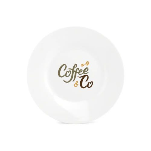 Porseleinen bord Basic 15 cm met meerkleurig CoffeeCo-logo zichtbaar op het voorvlak.