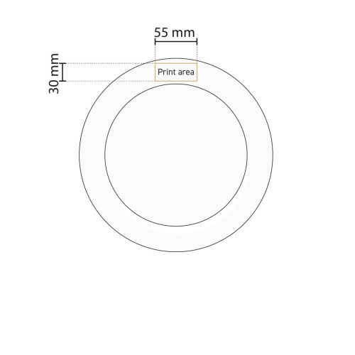 Werktekening met gemarkeerd drukgebied op het Bord Princip 21 cm porselein voor logoplaatsing.