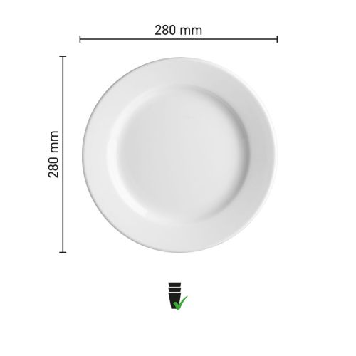 Infographic met precieze maatvoering van het Princip porseleinen bord van 28 cm diameter.