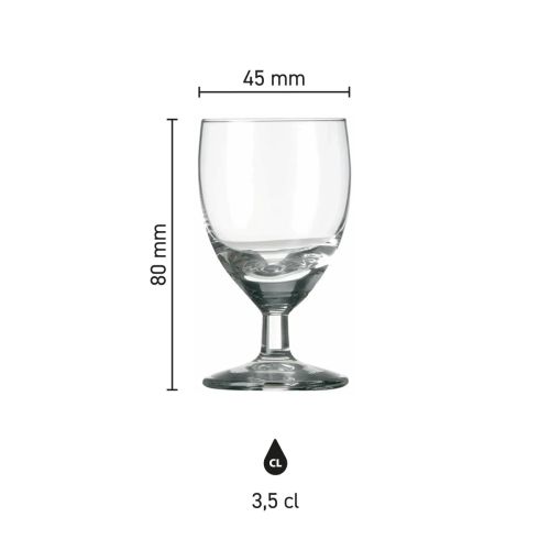Infographic met maatvoering van borrelglas Gilde 6 cl. inclusief hoogte en diameter.