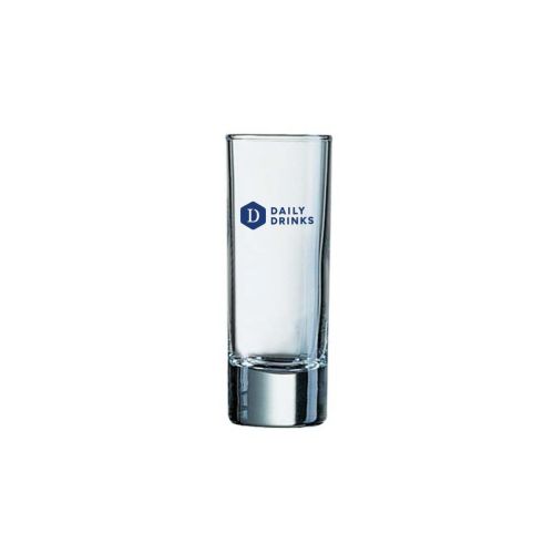 Borrelglas Islande 6,5 cl. met éénkleurig DailyDrinks-logo op voorzijde, gedrukt op glasheldere basis.