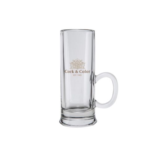 Borrelglas Islande met oor 5,5 cl. met meerkleurig CorkColor-logo op het vooraanzicht, glasheldere basis.