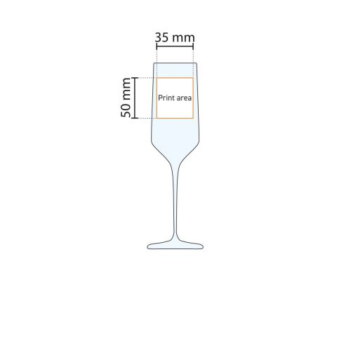 Technische werktekening van drukgebied op Carre champagneflute 22 cl. voor bedrukking.
