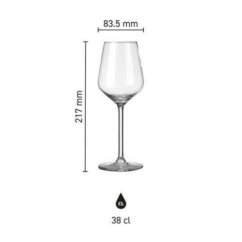 Glasafmetingen van het Carre wijnglas 38 cl. visueel weergegeven in een infographic.