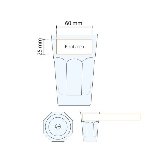 Drukgebied van Casablanca Ice Tea glas 41,5 cl. weergegeven in werktekening voor opdrukpositie.
