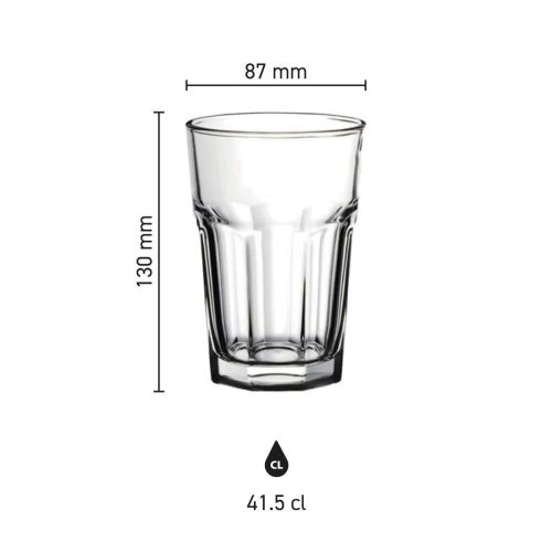 Infographic met technische maatvoering van het Casablanca Ice Tea glas 41,5 cl. in millimeters.