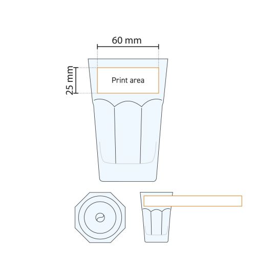 Gedetailleerde werktekening met drukgebied Casablanca Juice glas 36,5 cl. voor logotoepassing.