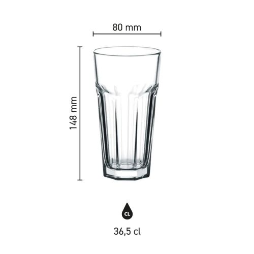 Infographic toont de afmetingen van het Casablanca Juice glas 36,5 cl. in millimeters.