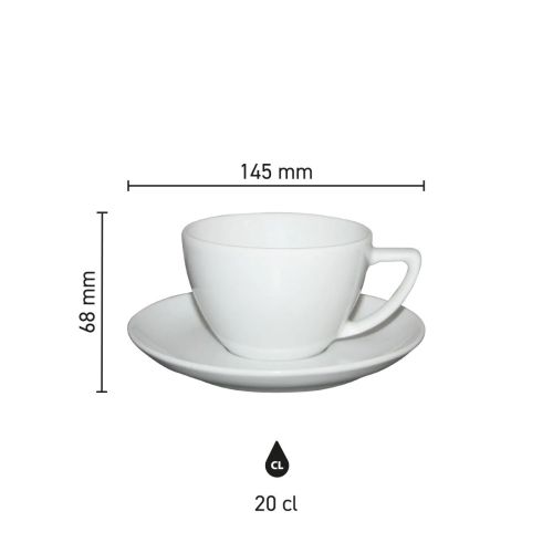 Infographic toont technische maatvoering van Classic Cappuccino 20 cl. porseleinen SET.